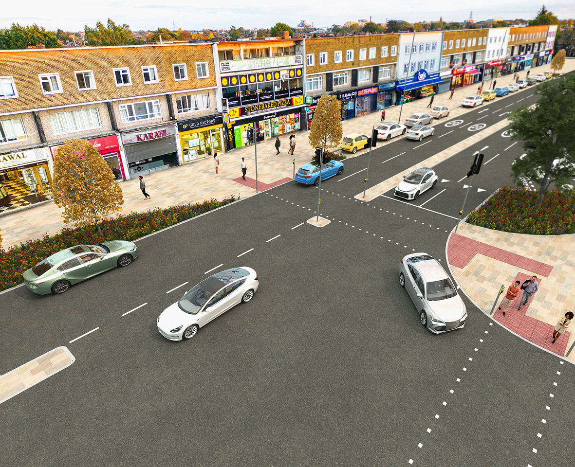 Image as if the viewer is positioned above the shops on the northwest corner of the junction of Farnham Road with Farnburn Avenue, looking southeast, showing the parade of shops on the east side of Farnham Road as far as Gloucester Avenue; on the east side of Farnham Road there is a much wider footway, with the service road removed, and parking pads (parking bays forming part of the footway); a signalised pedestrian crossing crosses Farnham Road just south of Farnburn Avenue; just to the south of Farnburn Avenue on the west side of Farnham Road there is a new tree and an improved area of planting, and the start of the ‘echelon’ (diagonal) parking bays (with the first two parking bays marked as Disabled); circled 20 markings on the two southbound lanes and one of the northbound lanes of Farnham Road to the south of the junction (the other northbound lane is obscured from view by a tree) indicate that the speed limit is reduced to 20mph in that area (Artist: Yogi Comms https://yogicomms.uk/projects/)
