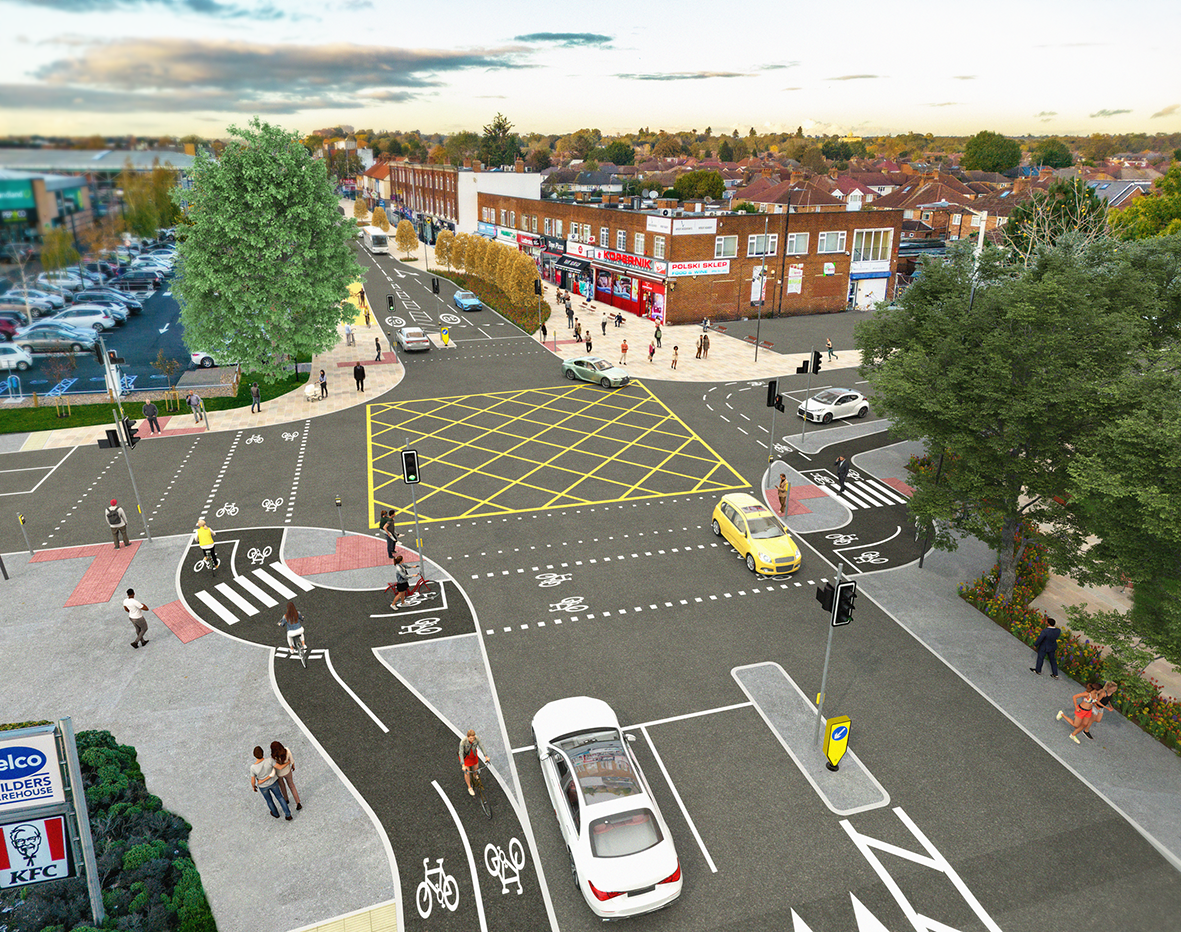 Image as if the viewer is positioned above the footway on the left side of Farnham Road next to the Selco Builders Warehouse car park, looking north, showing the junction of Farnham Road with Edinburgh Avenue on the left and Sheffield Road on the right and the parade of shops on the east side of Farnham Road as far as Gloucester Avenue; there is a yellow box marking for vehicles in the middle of the junction; there is a new two-way cycle route on the left, between the footway and the road, leading along Farnham Road to / from the south and linking to new segregated (pedestrian and cycle) signalised crossings (with linking two-way cycle routes) across Farnham Road (to the south of the junction) and Edinburgh Avenue, with the cycle route to the east side splitting into two with the eastbound direction crossing Sheffield Road to link with an eastbound cycle lane in Sheffield Road and the westbound lane separated from pedestrians; a signalised pedestrian crossing crosses Farnham Road to the north of the junction; on the east side of Farnham Road the footway is much wider, with the service road removed and a new row of trees next to the road; a circled 20 marking on the northbound lane of Farnham Road just to the north of the junction indicates that the speed limit is reduced to 20mph north of that point, and an adjacent circled 30 marking on the southbound lane indicates that the speed limit returns to 30mph south of that point; on the south east corner of the junction there is some new planting and a paved area at the edge of the small park (Artist: Yogi Comms https://yogicomms.uk/projects/)