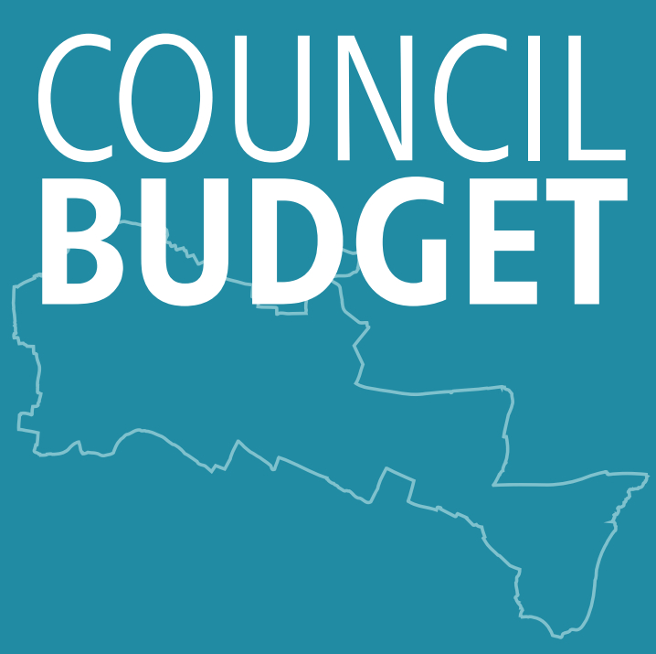 Blue box with text reading "council budget"